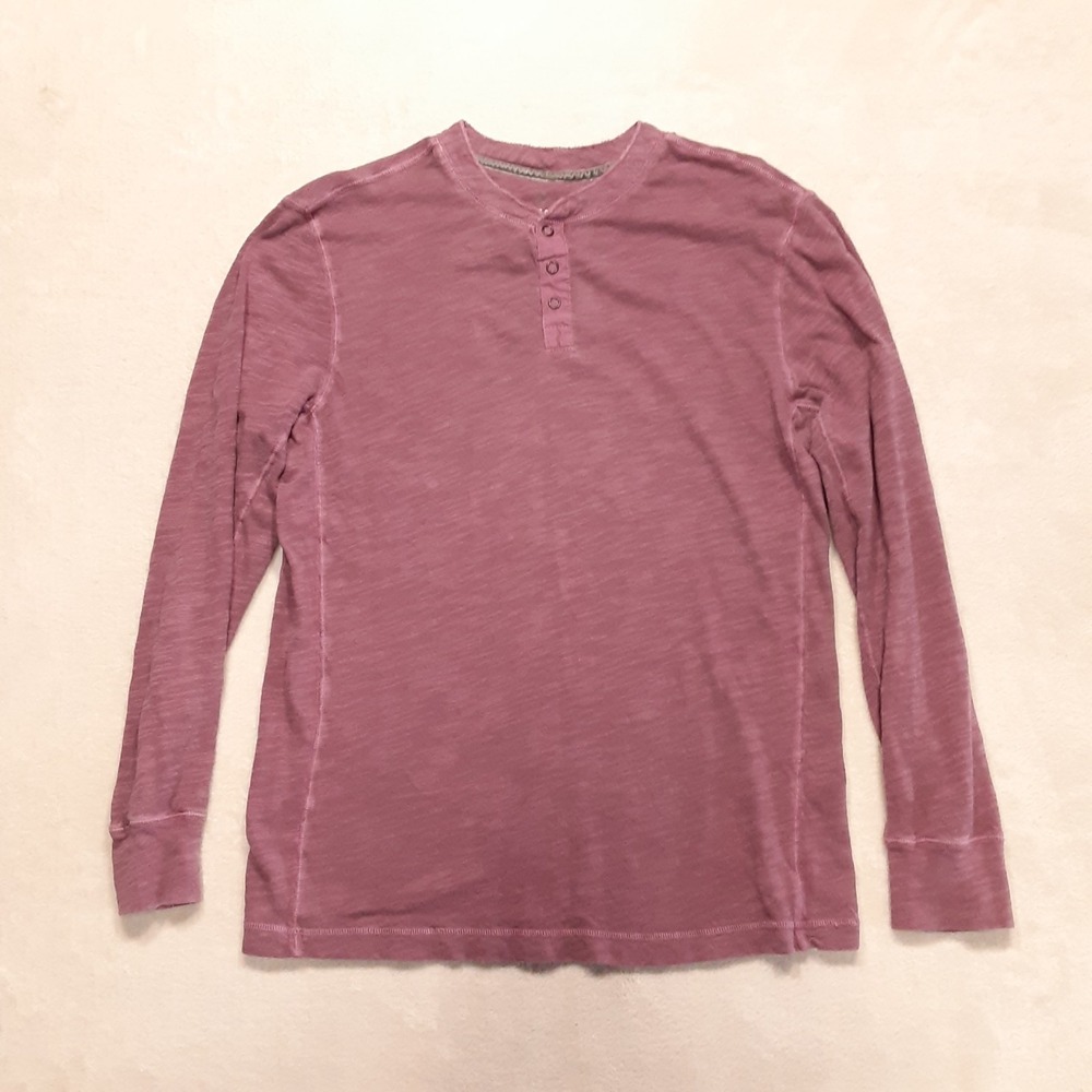 True Grit Mens Long Sleeve Snap Button Henley Large Pink Distressed Slub Cotton